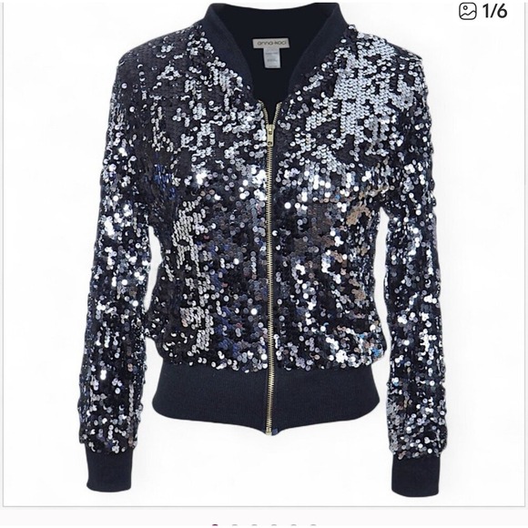 ANNA-KACI CALIFORNIA Black Silver SHINY SEQUIN Zip Bomber JACKET  Sz S Glam - Picture 1 of 9